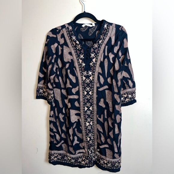 Soft Surroundings Black & Tan Tribal Print Shift Dress Size Small Petite - Picture 1 of 6